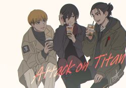 Rule 34 | 1girl, 2boys, :d, armin arlert, black hair, blonde hair, boots, brown legwear, casual, coffee, contemporary, copyright name, cup, disposable cup, drinking straw, eren yeager, green jacket, grey eyes, grey jacket, hair between eyes, hand up, highres, hood, hoodie, invisible chair, jacket, knee boots, looking at another, macaronk, mikasa ackerman, multiple boys, open mouth, pants, red scarf, resolution mismatch, scarf, shingeki no kyojin, short hair, signature, simple background, sitting, smile, source larger, white background