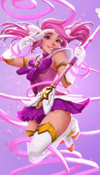 Rule 34 | blush, dress, league of legends, long hair, lux (league of legends), magical girl, pink eyes, pink hair, skirt, smile, staff, star guardian (league of legends), star guardian lux, twintails