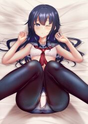 Rule 34 | 1girl, akatsuki (kancolle), black pantyhose, blue sailor collar, bra, breasts, closed mouth, highres, kantai collection, long hair, looking at viewer, lying, neckerchief, on back, one eye closed, panties, panties under pantyhose, pantyhose, purple eyes, purple hair, red neckerchief, sailor collar, shounen (hogehoge), small breasts, solo, torn clothes, torn pantyhose, underwear, white bra, white panties