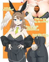 Rule 34 | 1girl, absurdres, animal ear hairband, animal ears, armpit crease, ass, bare shoulders, black hairband, border, breasts, collar, collarbone, commentary, covered navel, detached collar, easter, easter egg, egg, english commentary, english text, eunie (xenoblade), fake animal ears, green necktie, hairband, hands on own hips, head wings, heart, highres, i am anddo, large breasts, light blush, looking at viewer, multiple views, necktie, orange background, outside border, parted lips, rabbit ears, simple background, white border, white collar, wings, xenoblade chronicles (series), xenoblade chronicles 3