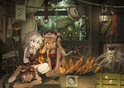 Rule 34 | 3girls, :3, :d, absurdres, animal ear fluff, animal ears, bandaid, bandaid on face, blonde hair, book, brown hair, building, cave, crystal, curtains, dress, fantasy, furry, gloves, goggles, goggles on head, grey hair, hammer, highres, kuramono-mochi, lantern, long hair, lying, multiple girls, on stomach, open mouth, original, pickaxe, rabbit ears, red eyes, seiza, short hair, sitting, smile, towel, towel around neck, water, waterfall