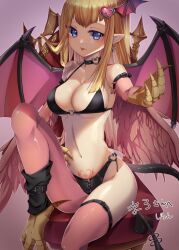 Rule 34 | 1girl, asymmetrical legwear, bare shoulders, bird legs, blonde hair, blue eyes, blush, breasts, chair, choker, claws, cleavage, commentary request, demon tail, demon wings, detached sleeves, duel monster, feathered wings, feathers, hair ornament, harpie girl (yu-gi-oh!), harpy, heart, heart choker, heart hair ornament, heart o-ring, heart ring bottom, heart tattoo, jyon104, large breasts, long hair, looking at viewer, midriff, mismatched legwear, monster girl, multiple wings, navel, pantyhose, pink feathers, pink pantyhose, pink thighhighs, pink wings, pubic tattoo, reaching, reaching towards viewer, sitting, solo, tail, talons, tattoo, thighhighs, tongue, tongue out, winged arms, wings, yu-gi-oh!