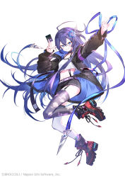 Rule 34 | 1girl, asymmetrical legwear, black choker, black coat, black footwear, black skirt, blue eyes, blue hair, blue ribbon, boots, card, choker, coat, commentary request, company name, cross-laced footwear, floating, flower, full body, grey background, grey thighhighs, grin, hair flower, hair ornament, holding, ibara riato, lace-up boots, leg up, long hair, long sleeves, looking at viewer, microskirt, midriff, mismatched legwear, official art, open clothes, open coat, pencil skirt, playing card, print thighhighs, ribbon, shirt, simple background, single horizontal stripe, skirt, smile, solo, suspender skirt, suspenders, thighhighs, watermark, white background, white shirt, white thighhighs, z/x