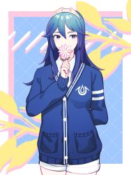 1girl alternate_costume blue_eyes blue_hair blush cardigan earrings fire_emblem fire_emblem_awakening flower hair_between_eyes highres jewelry long_hair looking_at_viewer lucina_(fire_emblem) nintendo olivine_arc shorts simple_background solo tiara