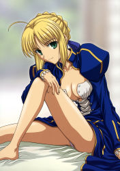 Rule 34 | 1girl, absurdres, ahoge, artoria pendragon (fate), barefoot, bed, breasts, cleavage, dress, fate/stay night, fate (series), highres, ishihara megumi, looking at viewer, no bra, on bed, open clothes, open dress, panties, pantyshot, saber (fate), sitting, smile, solo, underwear