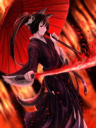 1girl absurdres animal_ears arm_up black_hair fire hakama hakama_skirt highres holding holding_umbrella holding_weapon japanese_clothes katana looking_at_viewer medium_hair mikisai oil-paper_umbrella open_mouth original red_eyes skirt solo sword tail umbrella weapon