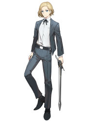 Rule 34 | 1boy, absurdres, black footwear, black ribbon, blonde hair, blue eyes, closed mouth, collared shirt, copyright request, dress shirt, fixro2n, forehead, formal, full body, grey jacket, grey pants, highres, holding, holding sword, holding weapon, jacket, long sleeves, looking at viewer, male focus, neck ribbon, official art, open clothes, open jacket, pants, ribbon, shirt, shoes, smile, solo, standing, standing on one leg, suit, sword, weapon, white background, white shirt