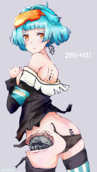Rule 34 | 1girl, absurdres, aqua hair, ass, bare shoulders, black panties, blush, breasts, character name, cowboy shot, damaged, earrings, girls&#039; frontline, goggles, goggles on head, grey background, highres, jewelry, looking at viewer, mechanical parts, orange eyes, panties, rasen manga, content rating, sideboob, skindentation, solo, thighhighs, torn clothes, torn panties, underwear, zas m21 (girls&#039; frontline)