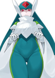 Rule 34 | 1girl, breasts, frown, genderswap, genderswap (otf), glaring, gluteal fold, green hair, helmet, highres, hitotose9, large breasts, long hair, looking at viewer, looking down, mega man (series), mega man battle network (series), netnavi, red eyes, simple background, slur.exe (mega man), solo, very long sleeves, white background