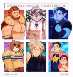 Rule 34 | 6+boys, :3, age progression, aged up, ainu clothes, alternate costume, animal crossing, animal ears, apron, bara, bare pectorals, barley lightfoot, beanie, bear boy, beard, beard stubble, belly, blonde hair, blue skin, blush, brown apron, brown fur, bulge, cape, chest hair, clenched hand, cloud strife, collared shirt, colored skin, daisukebear, disney, facial hair, fat, fat man, fate/zero, fate (series), final fantasy, final fantasy vii, fur-trimmed cape, fur trim, furry, furry male, goatee stubble, grey fur, grey hair, grin, hat, headband, highres, horkeu kamui, iskandar (fate), large pectorals, male focus, mature male, midriff peek, multicolored hair, multiple boys, multiple drawing challenge, muscular, muscular male, navel hair, nintendo, nipples, onward, original, pectorals, pixar, pointy ears, red cape, red eyes, red hair, scratching head, shirt, short hair, sideburns, sidelocks, sideways glance, six fanarts challenge, smile, star (symbol), steven quartz universe, steven universe, stomach, stubble, tail, teddy (animal crossing), thick eyebrows, tokyo houkago summoners, two-tone fur, two-tone hair, v-shaped eyebrows, wolf boy, wolf ears, wolf tail, yellow eyes