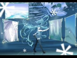 Rule 34 | 1girl, black thighhighs, blue hair, bone, fish, hatsune miku, letterboxed, long hair, mirror, necktie, open mouth, skirt, solo, standing, standing on liquid, thighhighs, twintails, very long hair, vocaloid, water