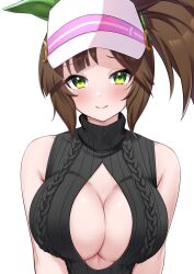 Rule 34 | 1girl, alternate costume, animal ears, bare shoulders, black sweater, breasts, brown hair, cleavage, cleavage cutout, closed mouth, clothing cutout, commentary, commission, ear covers, freckles, green eyes, herohero (higashi no dou), highres, horse ears, ines fujin (umamusume), large breasts, looking at viewer, portrait, simple background, single ear cover, skeb commission, sleeveless, sleeveless sweater, smile, solo, sweater, umamusume, visor cap, white background