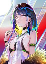 Rule 34 | 1girl, absurdres, black hair, breasts, choker, closed mouth, ear piercing, highres, jewelry, looking at viewer, medium hair, multicolored eyes, multicolored hair, nababa, nail polish, original, piercing, ring, see-through, short hair, small breasts, solo, streaked hair