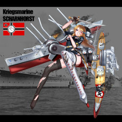 Rule 34 | 1girl, absurdres, black thighhighs, blonde hair, blue eyes, boots, character name, eyeshadow, gloves, highres, kriegsmarine, makeup, mecha musume, military, military vehicle, name connection, official art, one eye closed, personification, rail (silverbow), scharnhorst, scharnhorst (warship girls r), ship, shoes, single boot, single shoe, solo, thigh boots, thighhighs, torn clothes, torn thighhighs, warship, warship girls r, watercraft, white footwear, white thighhighs