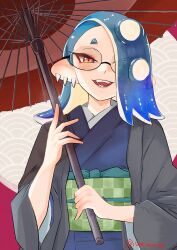 Rule 34 | 1girl, alternate costume, blue hair, cephalopod eyes, commentary request, earrings, eyelashes, gradient hair, hair over one eye, highres, holding, holding umbrella, japanese clothes, kimono, looking at viewer, medium hair, multicolored hair, nintendo, octoling, open mouth, red background, red eyes, round eyewear, shiver (splatoon), smile, solo, splatoon (series), splatoon 3, standing, teeth, tentacle hair, thick eyebrows, tooth earrings, two-tone background, umbrella, ume name take, white background