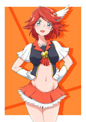 Rule 34 | 10s, 1girl, :d, adapted costume, blush, brooch, cure southern cross, grey eyes, hair ornament, hands on own hips, happinesscharge precure!, heart, heart brooch, heart hair ornament, highres, izuna masaru, jewelry, magical girl, navel, open mouth, orange background, precure, red hair, red skirt, short hair, skirt, smile, solo