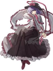Rule 34 | 1girl, :d, black skirt, bow, bowtie, brown footwear, capelet, frilled shawl, frills, full body, highres, long sleeves, looking at viewer, nagae iku, nanataru10, one-hour drawing challenge, open mouth, purple hair, red bow, red bowtie, red eyes, shawl, shirt, short hair, simple background, skirt, smile, solo, touhou, white background, white capelet, white shirt