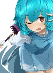Rule 34 | 1girl, ;d, arm behind back, blue hair, blue skirt, blush, breasts, cowboy shot, highres, holding, long sleeves, looking at viewer, medium breasts, nose blush, one eye closed, open mouth, red eyes, short hair, skirt, smile, solo, tatara kogasa, touhou, tyouseki, v over eye