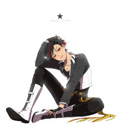 Rule 34 | 10s, 1boy, black gloves, black hair, boots, character name, ensemble stars!, fingerless gloves, full body, gloves, hand in own hair, hand on foot, jacket, liusang, male focus, multicolored hair, nagumo tetora, red eyes, ringed eyes, sitting, solo, star (symbol), streaked hair, tongue, tongue out