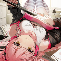 Rule 34 | 1girl, absurdres, almic, bare shoulders, black jacket, blush, breasts, commentary request, demon tail, guitar, headphones, highres, holding, holding instrument, instrument, jacket, knees up, long hair, long sleeves, looking at viewer, lying, medium breasts, off shoulder, on back, original, pink hair, plectrum, shirt, solo, striped clothes, striped thighhighs, tail, thighhighs, white shirt, yellow eyes
