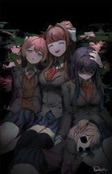 Rule 34 | 4girls, :d, ^ ^, black legwear, blazer, blue eyes, blue skirt, bow, breasts, brown hair, brown jacket, chromatic aberration, closed eyes, closed mouth, collared shirt, covered eyes, covered mouth, doki doki literature club, empty eyes, glitch, hair between eyes, hair bow, hair intakes, hair ribbon, hand on another&#039;s head, highres, horror (theme), jacket, long hair, monika (doki doki literature club), multiple girls, natsuki (doki doki literature club), neck ribbon, open mouth, pink hair, pleated skirt, ponytail, purple eyes, purple hair, qosic, red bow, red ribbon, ribbon, sayori (doki doki literature club), school uniform, shirt, short hair, sidelocks, sitting, skirt, smile, thighhighs, two side up, white bow, white ribbon, white shirt, yuri (doki doki literature club)
