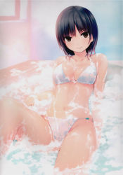 Rule 34 | 1girl, absurdres, bare arms, bare legs, bare shoulders, bathing, bathroom, bathtub, bikini, black hair, blunt bangs, blush, breasts, brown eyes, cleavage, coffee-kizoku, collarbone, copyright request, groin, halterneck, head tilt, highres, indoors, leg up, looking at viewer, medium breasts, navel, partially submerged, pink lips, scan, shiny skin, short hair, smile, soap, solo, stomach, string bikini, swimsuit, water, wet, wet clothes, wet swimsuit, white bikini, window