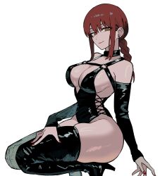 Rule 34 | 1girl, absurdres, black choker, breasts, chainsaw man, choker, corset, earrings, hand on own thigh, high heels, highres, jewelry, light smile, looking at viewer, makima (chainsaw man), ponytail, red hair, red nails, ringed eyes, short hair, sitting on leg, thick thighs, thighhighs, thighs, zeon (zzeeonn)