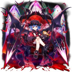 Rule 34 | bat wings, blood, chair, flandre scarlet, goth fashion, highres, non-web source, remilia scarlet, rotte (1109), stuffed toy, touhou, touhou lostword, vampire, window, wings