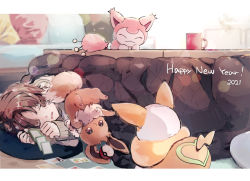 Rule 34 | 1boy, bad id, bad pixiv id, brown eyes, brown hair, card, cat, closed eyes, closed mouth, commentary request, creatures (company), cup, eevee, game freak, gen 1 pokemon, gen 3 pokemon, gen 8 pokemon, hands up, happy new year, indoors, kotatsu, letterboxed, long sleeves, lying, male focus, mug, nao (naaa 195), new year, nintendo, on side, poke ball, poke ball (basic), pokemon, pokemon (creature), short hair, skitty, sleeping, sweater, table, yamper