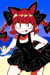 Rule 34 | 1girl, :q, alternate costume, animal ears, black bow, black dress, black nails, bollzzalguy, bow, cat ears, cat girl, closed mouth, dress, hair bow, highres, kaenbyou rin, looking at viewer, medium hair, red eyes, red hair, sleeveless, sleeveless dress, slit pupils, smile, solo, tongue, tongue out, touhou