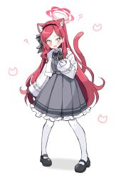 Rule 34 | 1girl, ?, animal ears, blue archive, blush, cat ears, cat tail, coat, commentary request, forehead, full body, gloves, halo, headband, highres, open mouth, pantyhose, red hair, school uniform, sentouryoku 5, simple background, solo, standing, tail, takane (blue archive), white background, winter clothes, winter coat, winter uniform, yellow eyes
