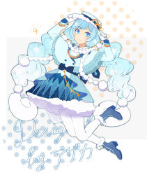 Rule 34 | 1girl, agonasubi, ankle boots, artist name, blue bow, blue capelet, blue dress, blue eyes, blue hair, blue hat, boots, borrowed design, bow, capelet, curly hair, diamond (shape), dress, english text, full body, fur-trimmed boots, fur-trimmed dress, fur trim, gloves, hair ornament, hair ribbon, hands on headwear, hands up, hat, hat ornament, hatsune miku, jumping, long hair, long sleeves, looking at viewer, multi-tied hair, multicolored hair, pantyhose, polka dot, polka dot background, pom pom (clothes), pom pom hair ornament, rainbow order, ribbon, smile, snowflake print, solo, streaked hair, sun symbol, twintails, two-tone hair, very long hair, vocaloid, white background, white gloves, white hair, white pantyhose, yuki miku, yuki miku (2023) (candidate no.4)