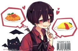 Rule 34 | 1boy, apron, barcode, bat (animal), blush, collared shirt, commentary request, ear piercing, eyelashes, fang, food, food request, hair between eyes, hand up, heart, index finger raised, ketchup, male focus, meatball, omelet, omurice, oosaka rei, open mouth, original, piercing, red eyes, red shirt, shirt, short hair, thought bubble, tongue, watermark