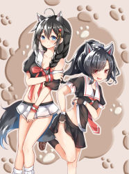 Rule 34 | 2girls, absurdres, ahoge, alternate costume, animal ears, azur lane, black hair, black serafuku, blue eyes, blush, braid, breasts, closed mouth, cosplay, costume switch, crossover, fingerless gloves, gloves, hair flaps, hair ornament, hair over shoulder, hair ribbon, hairclip, highres, historical name connection, kantai collection, long hair, looking at viewer, md5 mismatch, medium breasts, multiple girls, name connection, navel, neckerchief, open mouth, pleated skirt, red eyes, red neckerchief, remodel (kantai collection), resolution mismatch, ribbon, scarlet dango, school uniform, serafuku, shigure (azur lane), shigure (kancolle), skirt, small breasts, source smaller, tail, wolf ears, wolf tail