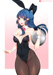 Rule 34 | 1girl, alternate costume, animal ears, artist name, bare shoulders, black hairband, black leotard, black pantyhose, blue eyes, blue hair, border, bow, bowtie, breasts, cameltoe, collarbone, covered navel, cowboy shot, creatures (company), dawn (pokemon), detached collar, fake animal ears, female focus, game freak, gradient background, hair ornament, hairband, hairclip, hand up, happy, heart, holding, holding tray, leotard, long hair, looking at viewer, matching hair/eyes, medium breasts, nintendo, open mouth, pantyhose, patreon logo, patreon username, pink background, playboy bunny, pokemon, pokemon dppt, rabbit ears, red bow, red bowtie, shiny clothes, sidelocks, simple background, smile, solo, standing, strapless, strapless leotard, teeth, tofuubear, tongue, tray, watermark, white border, wrist cuffs