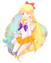 Rule 34 | 1girl, ;p, aino minako, arm at side, artemis (sailor moon), bare legs, bare shoulders, bishoujo senshi sailor moon, blonde hair, blue eyes, blush, bow, bowtie, brooch, cat, choker, collarbone, crescent, crescent facial mark, earrings, elbow gloves, facial mark, female focus, floating hair, gem, gloves, hair bow, half updo, hand up, happy, heart, heart brooch, index finger raised, jewelry, kneeling, legs, long hair, looking at another, looking at viewer, looking up, magical girl, miniskirt, neck, necklace, one eye closed, orange choker, orange sailor collar, orange skirt, pleated skirt, purple bow, red bow, round teeth, sailor collar, sailor senshi uniform, sailor venus, shiny skin, shirt, simple background, skirt, sleeveless, sleeveless shirt, star (symbol), star necklace, stud earrings, super sailor venus, swept bangs, teeth, tiara, tongue, tongue out, topaz (stone), upper teeth only, uranus1225, v, very long hair, white background, white gloves, white shirt