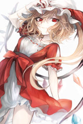 Rule 34 | 1girl, adapted costume, blonde hair, blood, blurry, breasts, collarbone, commentary request, cowboy shot, crystal, depth of field, dress, dutch angle, eyebrows hidden by hair, flandre scarlet, hair between eyes, hasunokaeru, hat, highres, light smile, looking at viewer, medium breasts, mob cap, one side up, parted lips, petticoat, puffy short sleeves, puffy sleeves, red dress, short hair with long locks, short sleeves, simple background, solo, touhou, white background, white hat, wings