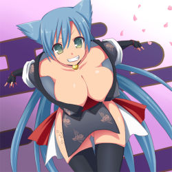 Rule 34 | 1girl, bell, neck bell, blue hair, breasts, cleavage, clenched teeth, collar, downblouse, female focus, fingerless gloves, gloves, green eyes, grin, japanese clothes, jingle bell, large breasts, leaning forward, long hair, nase, no panties, rance (series), sengoku rance, short hair, smile, solo, suzume (rance), teeth, thighhighs