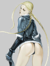 Rule 34 | 1990s (style), 1girl, alternate costume, ass, bad id, bad pixiv id, blonde hair, braid, cammy white, capcom, elbow gloves, from behind, gloves, green eyes, ikeda masateru, long hair, looking back, scar, solo, street fighter, street fighter ii (series), street fighter iv (series), twin braids