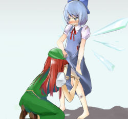 Rule 34 | 2girls, bandaid, barefoot, blood, blush, cirno, clothes lift, dress, dress lift, embodiment of scarlet devil, female focus, hong meiling, multiple girls, natsume gari, torn clothes, touhou, wings