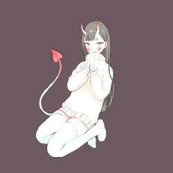 Rule 34 | 1girl, absurdres, beige sweater, biting, biting clothes, blush, bomhat, brown background, brown hair, commentary, demon girl, demon horns, demon tail, english commentary, full body, hands up, highres, horns, long hair, long sleeves, looking at viewer, no shoes, original, pale skin, pink eyes, simple background, sleeves past wrists, slit pupils, solo, sweater, tail, thighhighs, turtleneck, turtleneck sweater, white thighhighs, zettai ryouiki