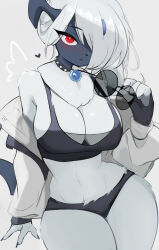 Rule 34 | 1girl, :&lt;, absol, absurdres, animal nose, arm at side, bare shoulders, black gloves, black panties, black shirt, blue horns, blue skin, blush, body fur, breasts, bright pupils, cleavage, closed mouth, coat, collar, colored skin, cowboy shot, creatures (company), crop top, drawn wings, unworn eyewear, female focus, fingerless gloves, furry, furry female, game freak, gen 3 pokemon, gloves, grey background, hair over one eye, half-closed eyes, hand up, heart, highres, holding, holding removed eyewear, horns, large breasts, long hair, long sleeves, looking at viewer, mega stone, mini wings, navel, nintendo, no pants, nose blush, off shoulder, one eye covered, open clothes, open coat, panties, personification, pokemon, pokemon (creature), red eyes, round eyewear, shirt, simple background, single glove, single horn, sleeveless, sleeveless shirt, solo, spiked collar, spikes, standing, stomach, sunglasses, thick thighs, thighs, underwear, white coat, white fur, white hair, white pupils, white wings, wide hips, wings, yoru (yoru vida)