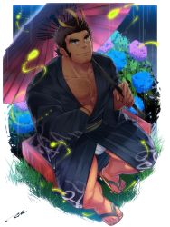 Rule 34 | 1boy, alternate costume, arm hair, bara, beard, blonde hair, body hair, brown hair, bulge, chest hair, facial hair, flower, from above, full body, green eyes, grey kimono, hairy, highres, holding, holding umbrella, hydrangea, japanese clothes, kimono, leg hair, long sideburns, looking up, male focus, male underwear, mature male, multicolored hair, muscular, muscular male, pectoral cleavage, pectorals, plant, sandals, short hair, sideburns, smile, solo, streaked hair, stubble, tepen (tptptpn), thick eyebrows, tokyo houkago summoners, umbrella, underwear, white male underwear, yamasachihiko (housamo)