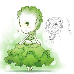Rule 34 | 1girl, backbeard, bad id, bad pixiv id, blush, cabbage, cabbage girl, dress, eyeball, flat chest, food, food as clothes, food-themed clothes, from behind, gegege no kitarou, green dress, green eyes, green hair, heart, jingai modoki, kono lolicon domome, looking back, matching hair/eyes, monster girl, parody, personification, smile, solo, text focus, toei animation, translated, vegetable