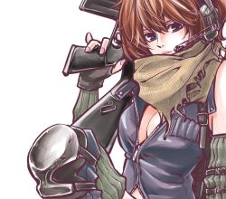 Rule 34 | 1girl, assault rifle, blue eyes, breasts, brown hair, cleavage, date madoka, expressionless, fingerless gloves, gloves, gun, hare-kon., headphones, knee pads, leather vest, looking at viewer, non (mangaka), rifle, scarf, short hair, simple background, solo, unzipped, weapon, white background