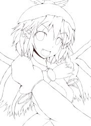 Rule 34 | 1girl, animal ears, female focus, highres, krace, lineart, monochrome, mystia lorelei, open mouth, smile, solo, touhou, transparent background, wings