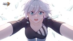 Rule 34 | 1girl, black shirt, blue eyes, breasts, broken glass, cecilia schariac, copyright name, earrings, glass, hair between eyes, highres, honkai (series), honkai impact 3rd, jewelry, logo, long hair, medium breasts, official art, open mouth, second-party source, shirt, simple background, single earring, solo, white background, white hair