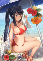 Rule 34 | 1girl, absurdres, ahoge, ass, bare legs, bare shoulders, beach umbrella, bikini, blue eyes, blush, bracelet, breasts, cleavage, collarbone, day, flower, from side, hair ornament, hairclip, halterneck, hibiscus, highres, huge filesize, inflatable toy, jewelry, long sleeves, looking at viewer, looking to the side, medium breasts, ocean, off shoulder, open clothes, open shirt, original, outdoors, parted lips, ponytail, red bikini, red flower, red footwear, sand, sandals, seashell, see-through, shell, shirt, sidelocks, sitting, solo, string bikini, sweat, swimsuit, tamu (tamurarucaffe1226), umbrella, water, wet, wet clothes, wet shirt, white shirt, x hair ornament