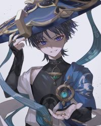Rule 34 | 1boy, arm up, bare shoulders, black hair, black shirt, blue hat, blue ribbon, blunt ends, bridal gauntlets, collarbone, commentary request, covered collarbone, eyeshadow, genshin impact, gold trim, grin, hand up, hat, highres, jacket, japanese clothes, jingasa, looking at viewer, makeup, male focus, off shoulder, parted bangs, parted lips, purple eyes, red eyeshadow, ribbon, scaramouche (genshin impact), shaded face, shirt, short hair, short sleeves, sleeveless, sleeveless shirt, smile, solo, upper body, v-shaped eyebrows, vision (genshin impact), wanderer (genshin impact), white background, white jacket, wide sleeves, zaso