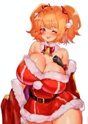 Rule 34 | 1girl, breasts, cerberus (last origin), chamame, christmas, cleavage, gloves, large breasts, last origin, one eye closed, orange hair, short hair, solo, thighs, tongue, tongue out